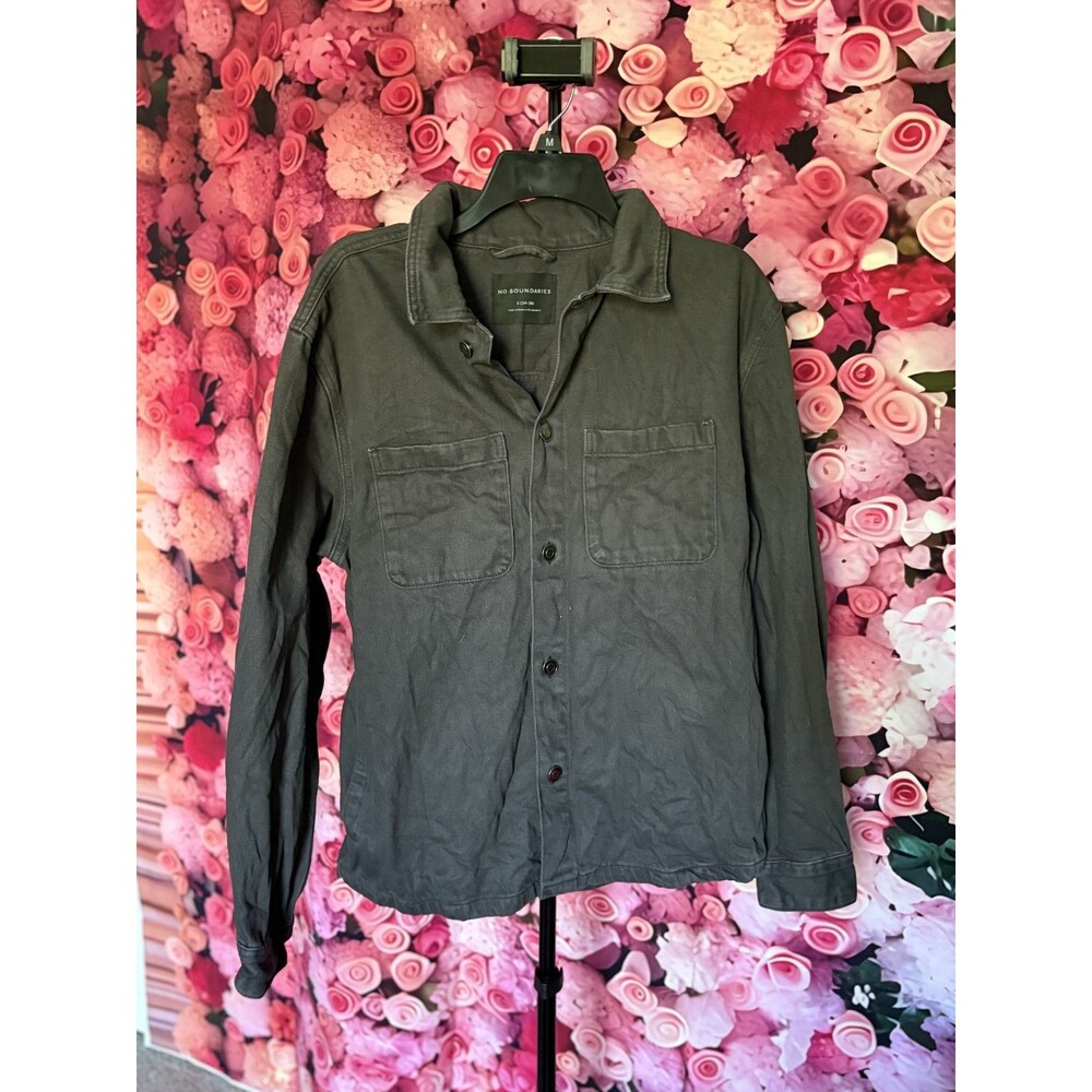 No Boundaries Olive Button Up Shirt Juniors Small 3-5 Utility Pocket Collared